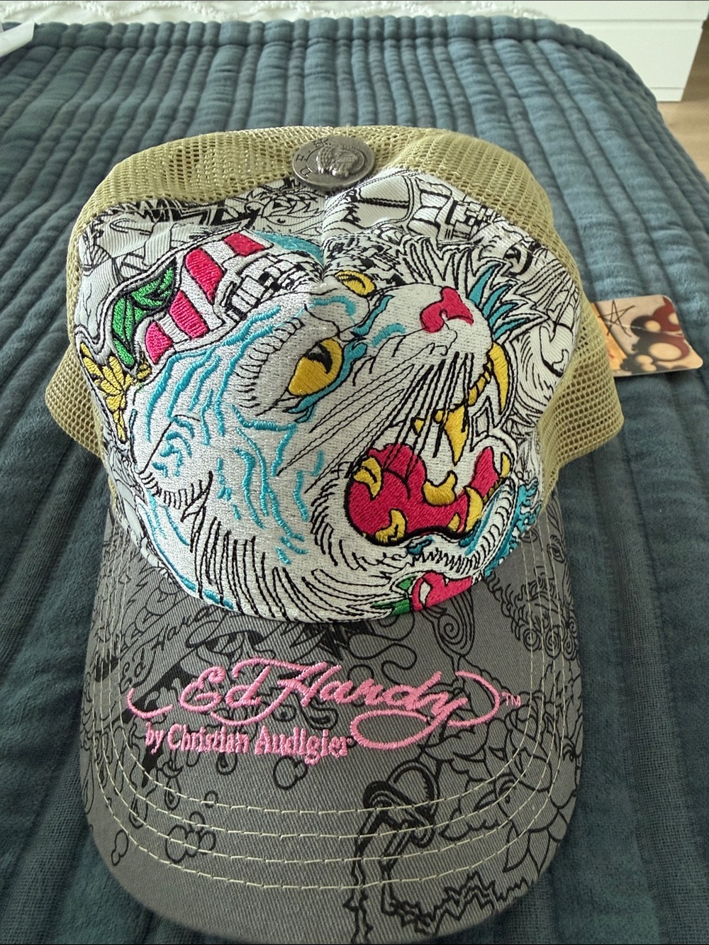 Ed Hardy Multicolor Tiger Embroidered Mesh Trucker Hat